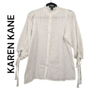 Karen Kane | Women's Eyelet Puff Sleeve Button Up 100% Cotton Top | White| Small